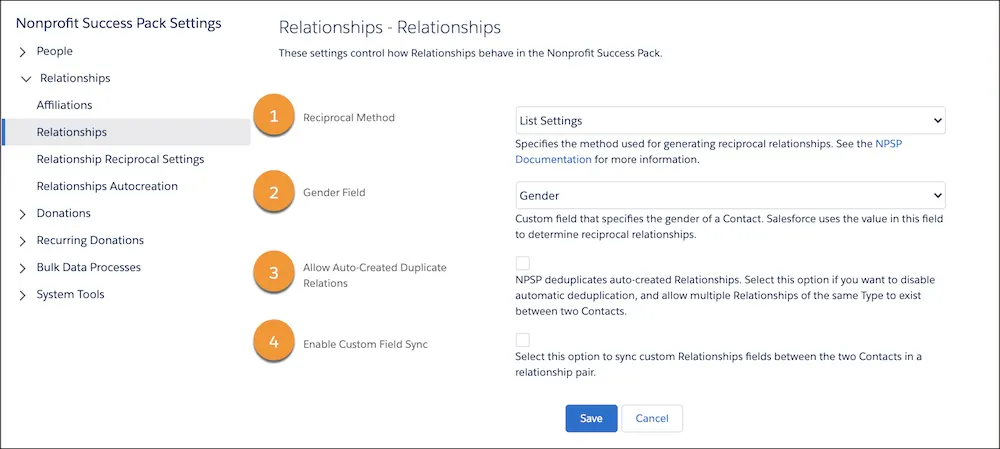 The Relationships setting menu