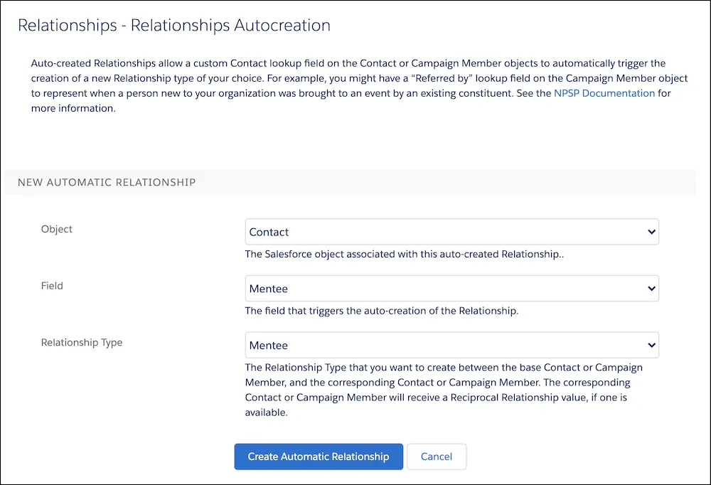 Relationships Autocreation settings and options