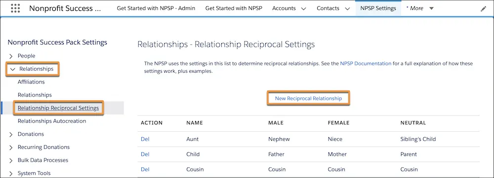 Relationship Reciprocal Settings page