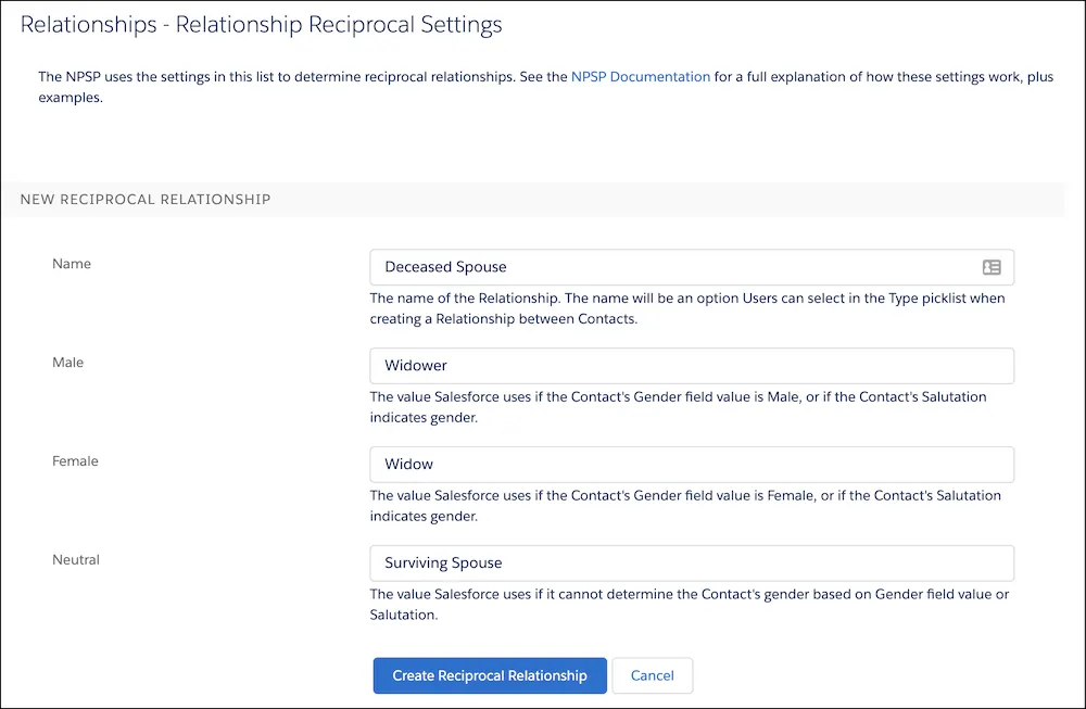 Relationship Reciprocal Settings