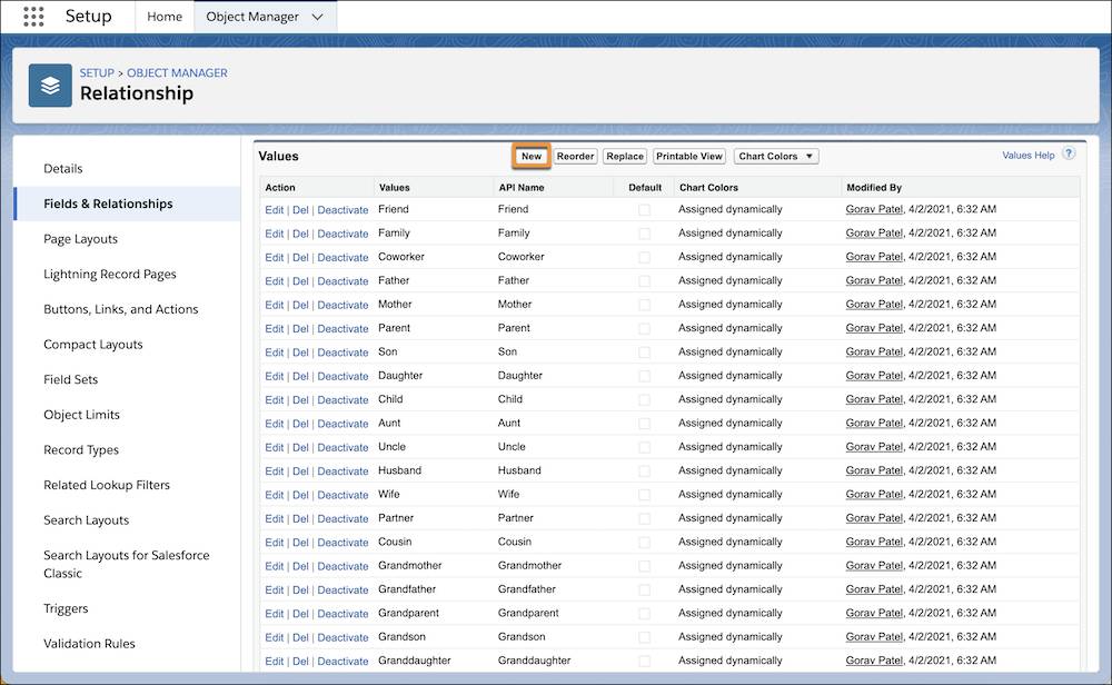 Relationships object new value for Type picklist