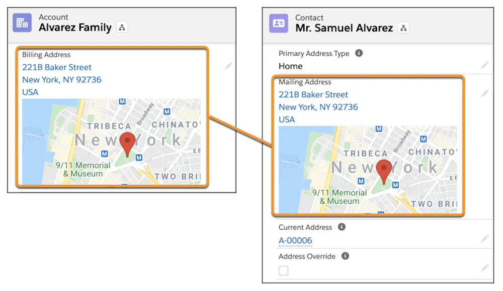 Account details with the Billing Address mapping to the Mailing Address