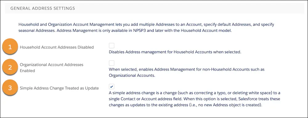 The NPSP General Address Settings page