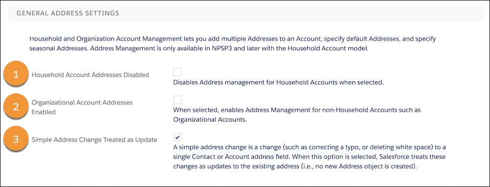 The NPSP General Address Settings page