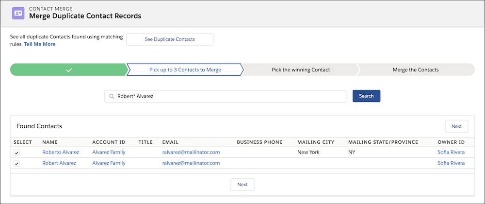 NPSP Contact Merge wizard highlighting list of merged contacts