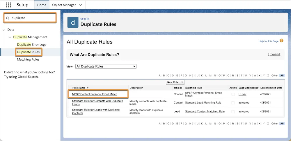 All Duplicate Rules list
