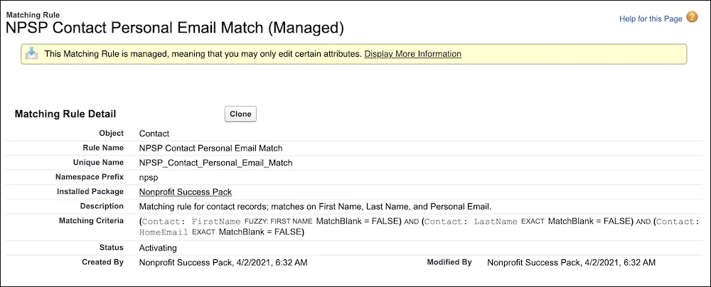NPSP Contact Personal Email Match Matching Rule
