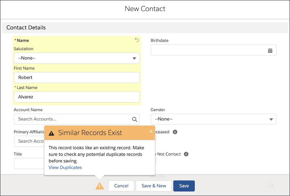 Duplicate alert on the New Contact creation window