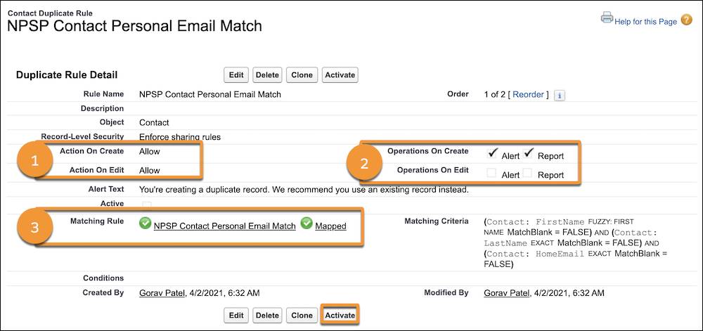 Page de paramétrage et d’activation de la règle de duplication relative aux contacts