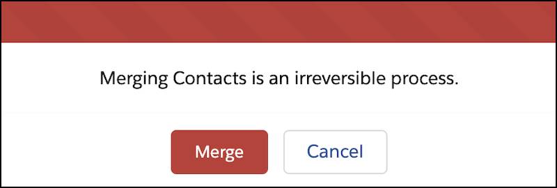 Un avertissement expliquant que la fusion des contacts est irréversible