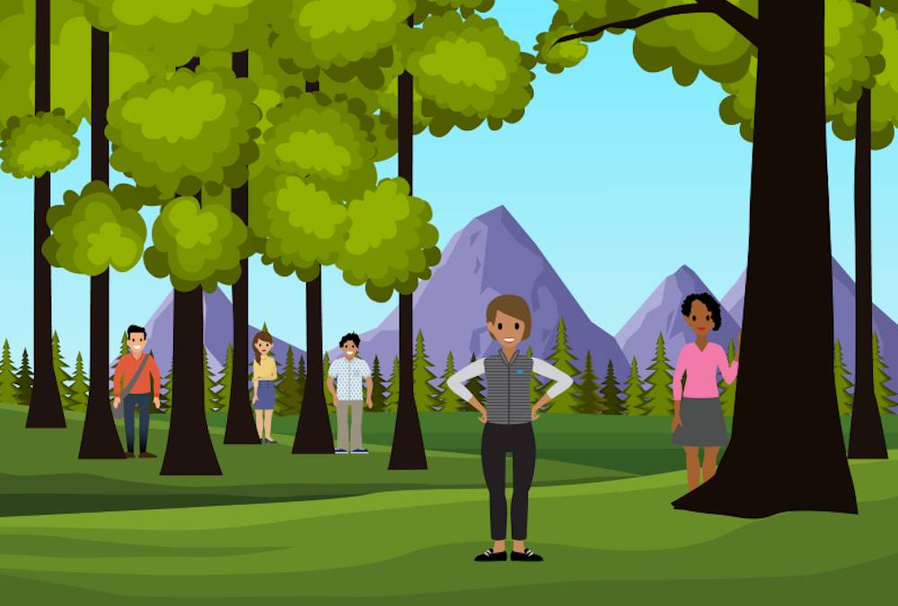 A happy marketer in the woods finds customers as they are no longer hiding behind trees.