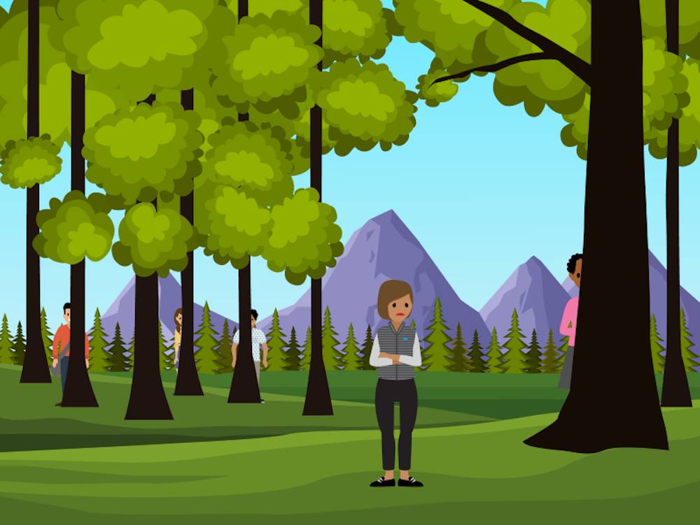 A frustrated marketer standing in the woods can’t find customers as they are hiding behind trees.