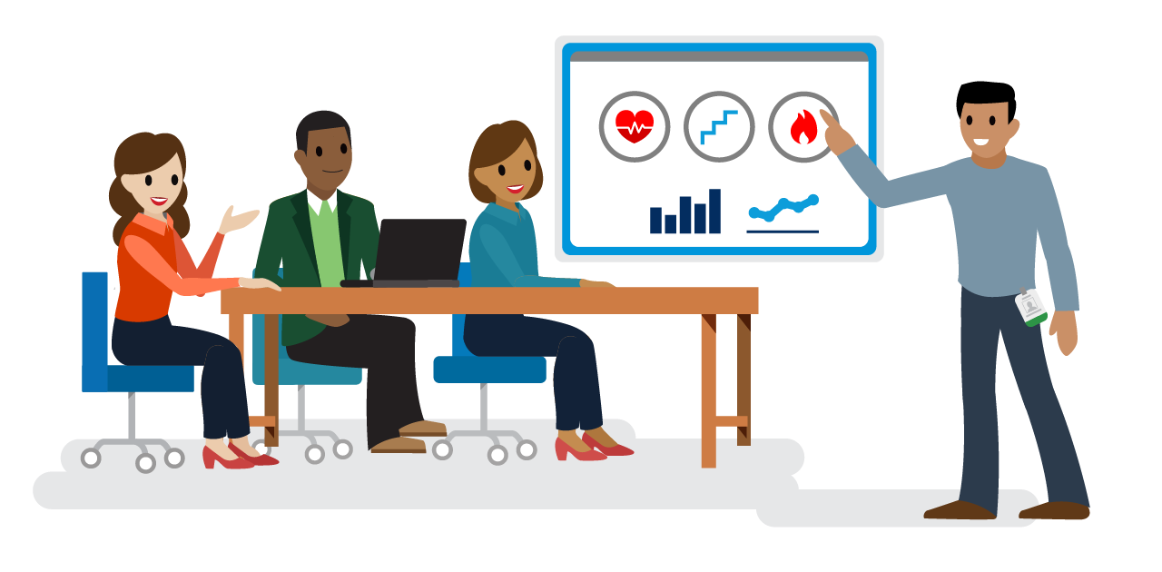 People at a meeting discuss charts that show how marketing content is performing