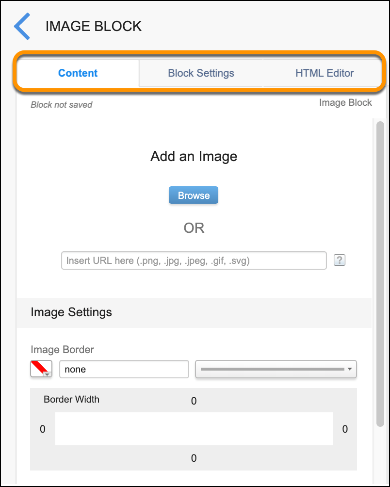 Registerkarten 'Inhalt', 'Blockeinstellungen' und 'HTML-Editor'