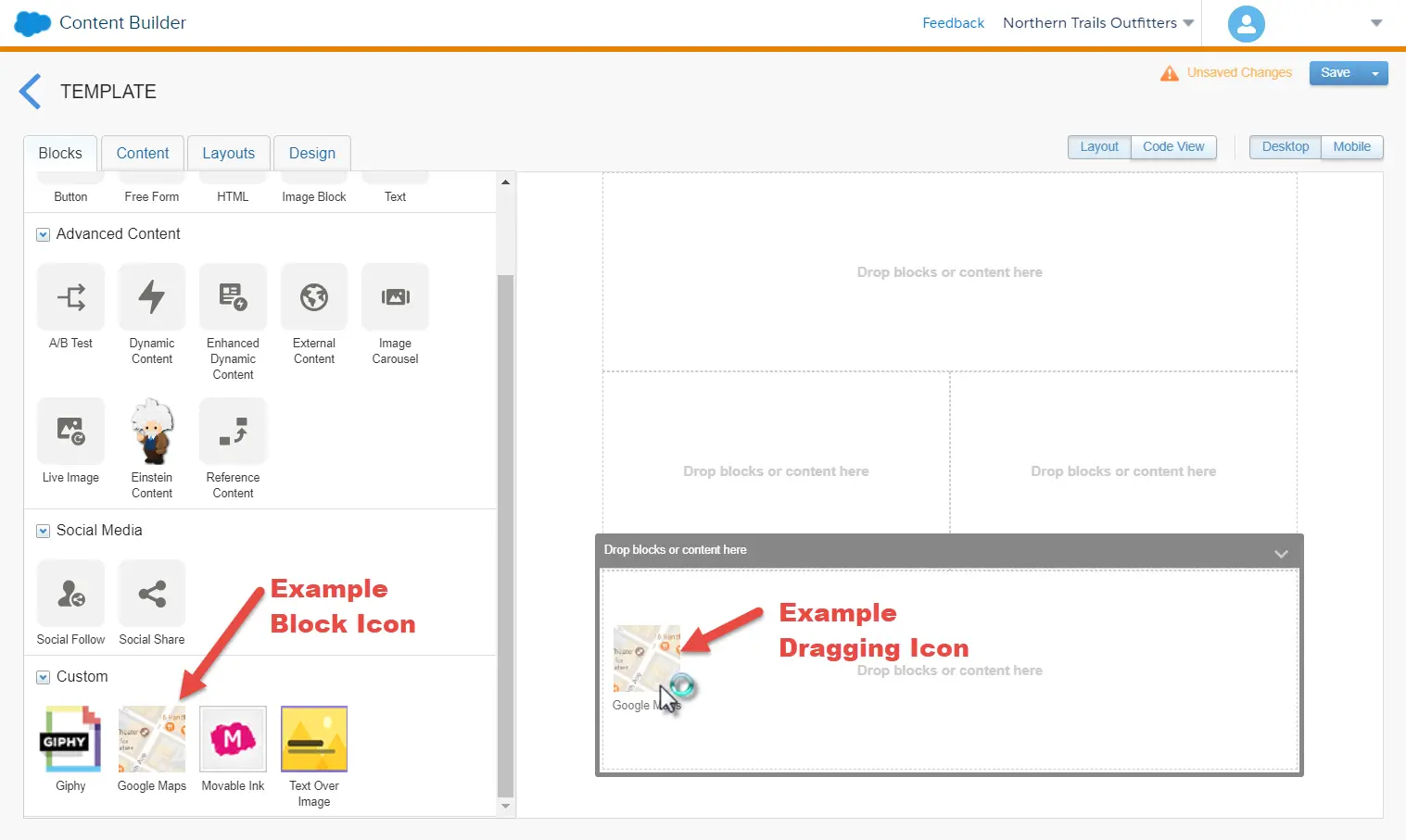 The Content Builder UI with arrows pointing at examples of the block icon and dragging icon