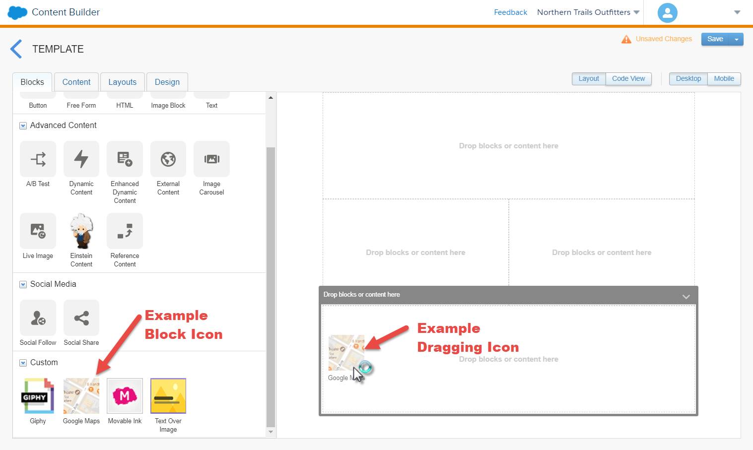 The Content Builder UI with arrows pointing at examples of the block icon and dragging icon