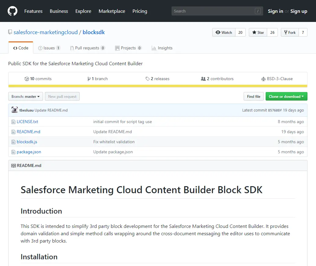 The Content Builder Block SDK GitHub repository interface