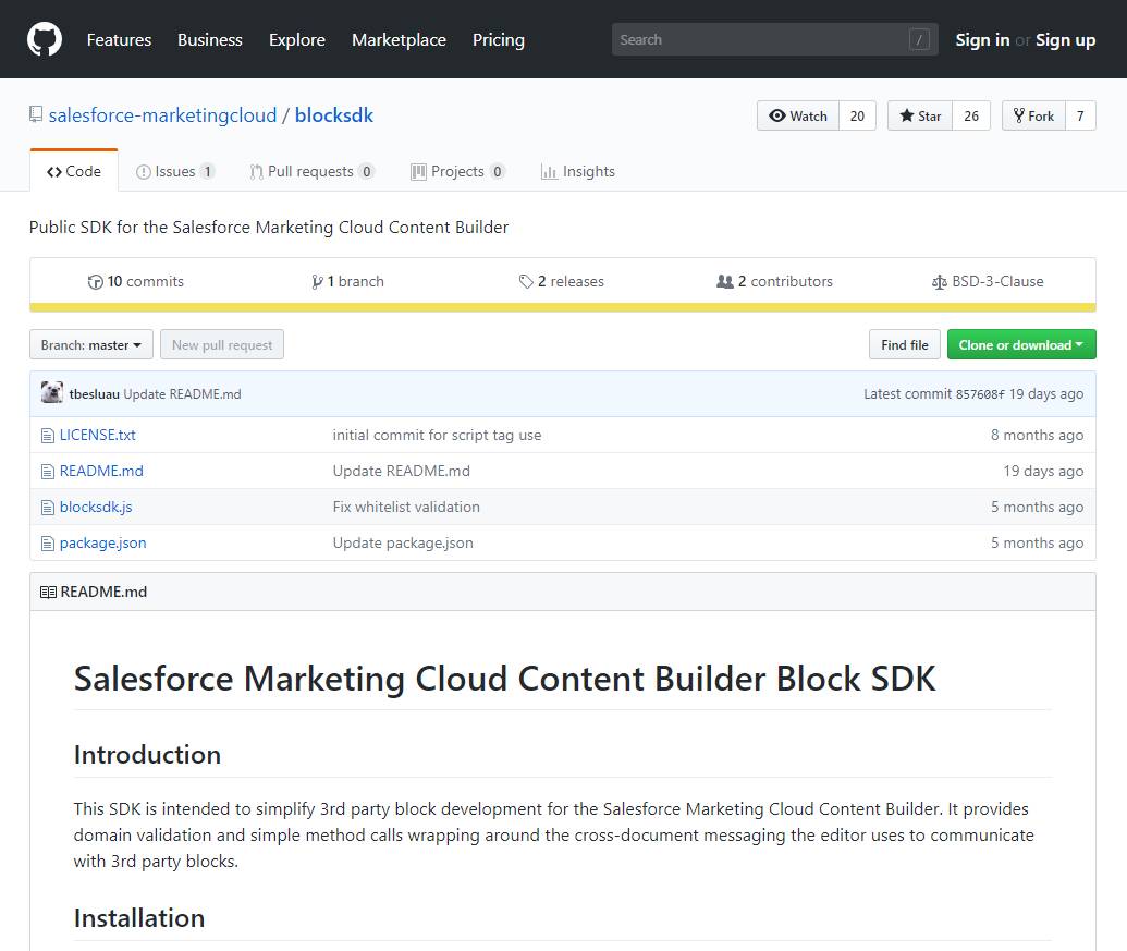 The Content Builder Block SDK GitHub repository interface