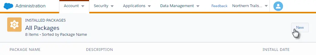 Marketing Cloud Engagement Administration interface for installing a new package