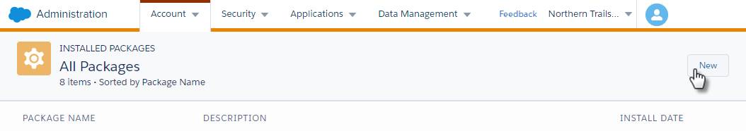 Marketing Cloud Engagement Administration interface for installing a new package