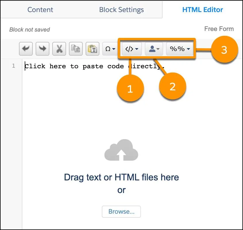 Symbolleiste in der Registerkarte "HTML-Editor" mit Hervorhebung von "Code-Snippet einfügen", "Personalisierung" und "AMPscript-Formatierung"