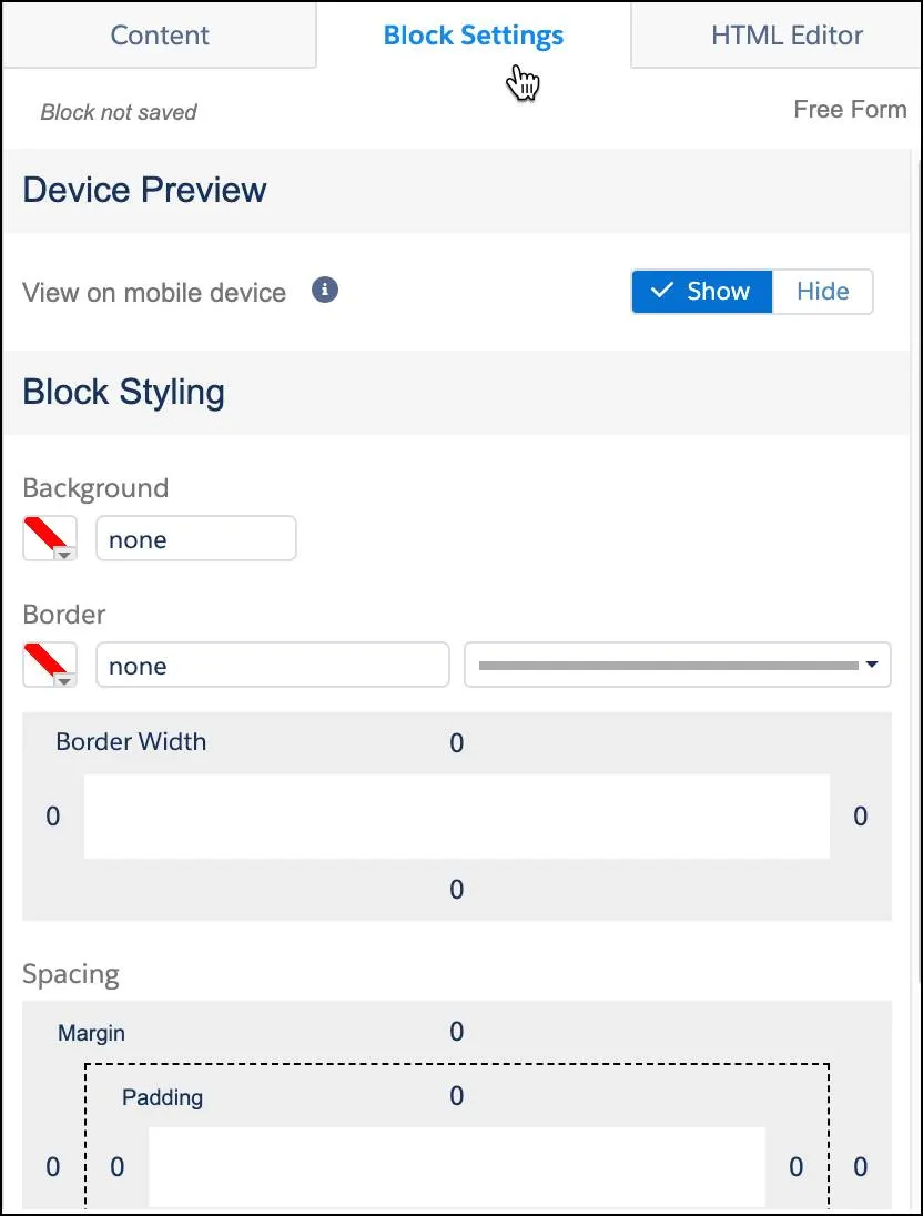 [デバイスプレビュー] と [ブロックスタイル] オプションが表示された [ブロック設定] タブ。