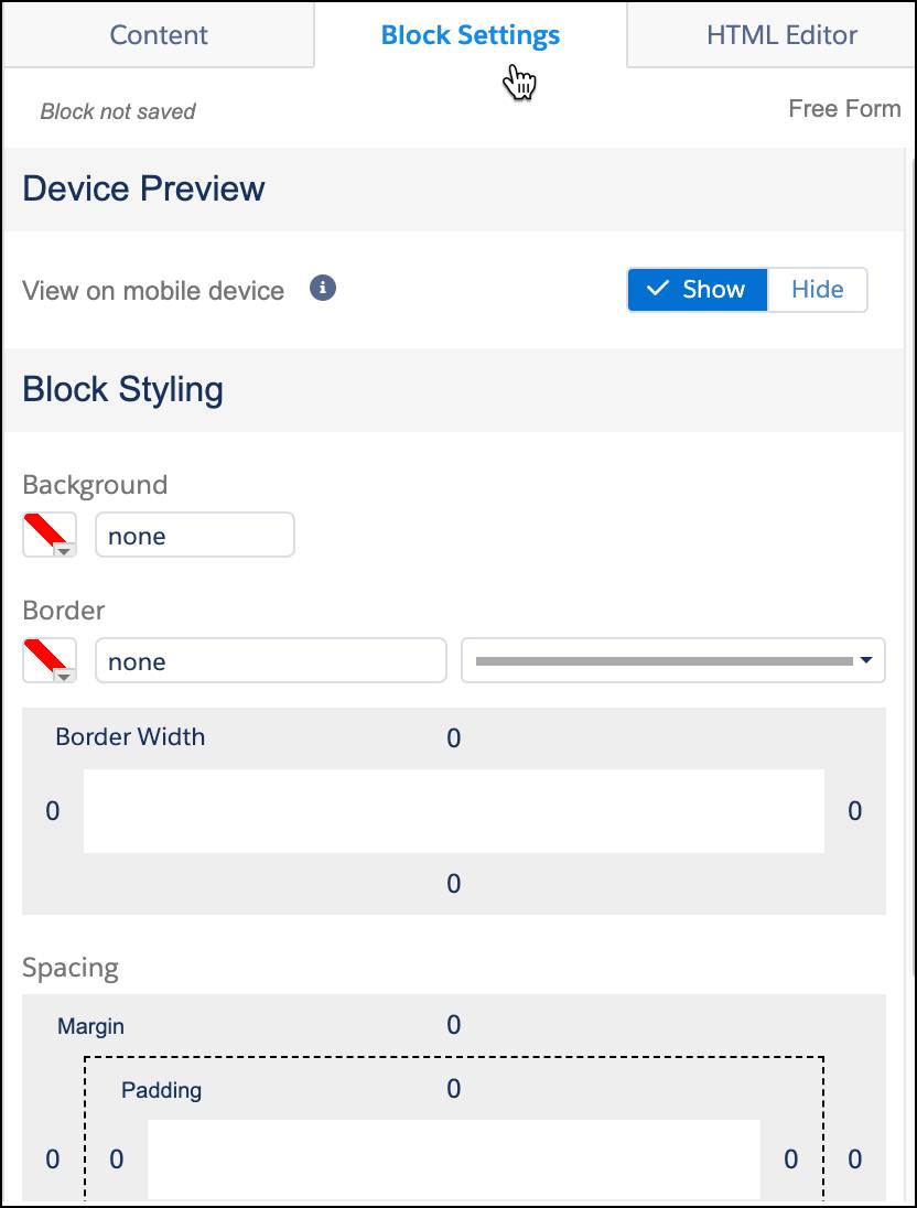[デバイスプレビュー] と [ブロックスタイル] オプションが表示された [ブロック設定] タブ。