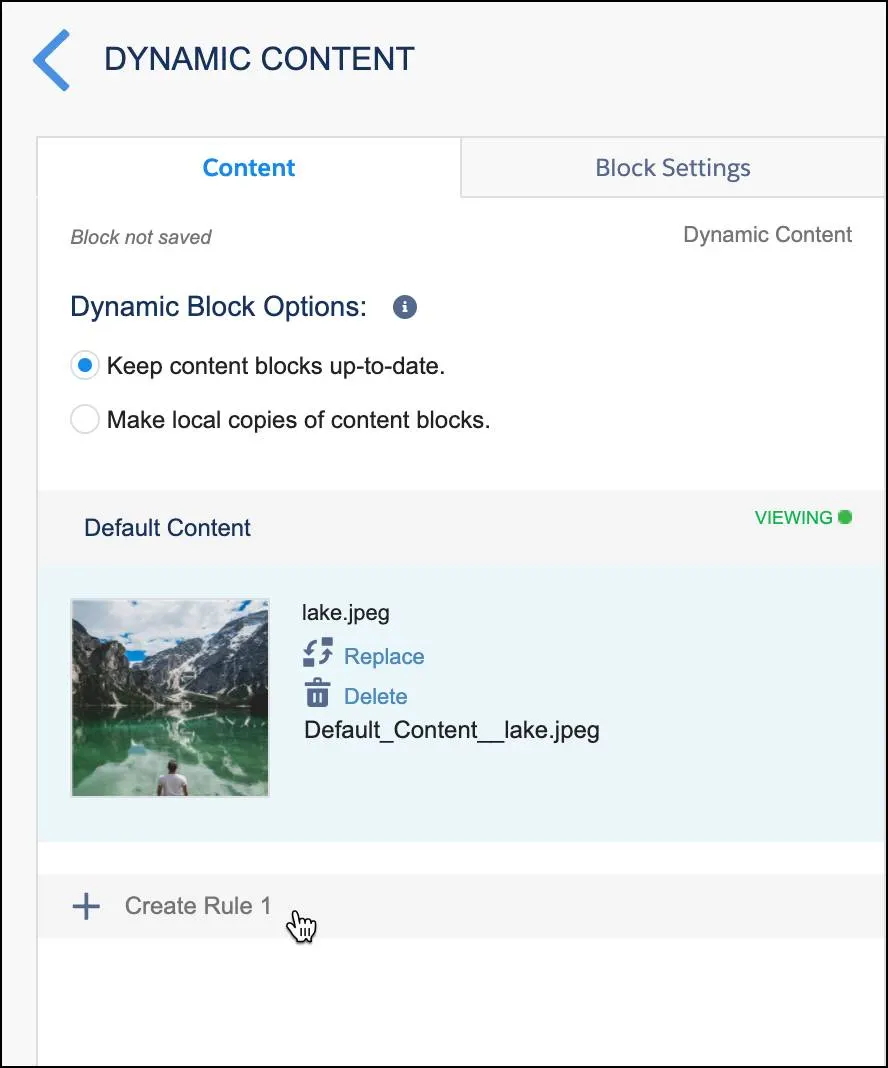 Dynamic Content Block with +Create Rule Button selected.