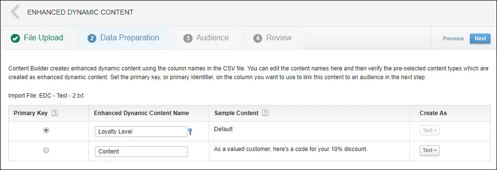 L’étape de préparation des données dans la section Contenu dynamique optimisé.