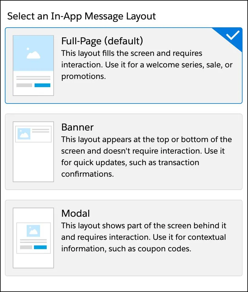 Layout previews of full-page, banner, and modal.