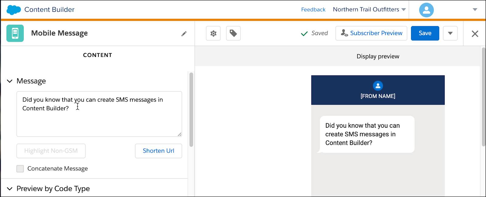 The Content Builder interface for creating a new SMS message.