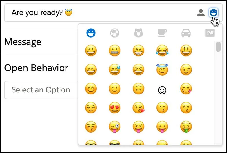 Um mouse clicando no ícone de emoji para inserir emojis e outros gráficos na mensagem.