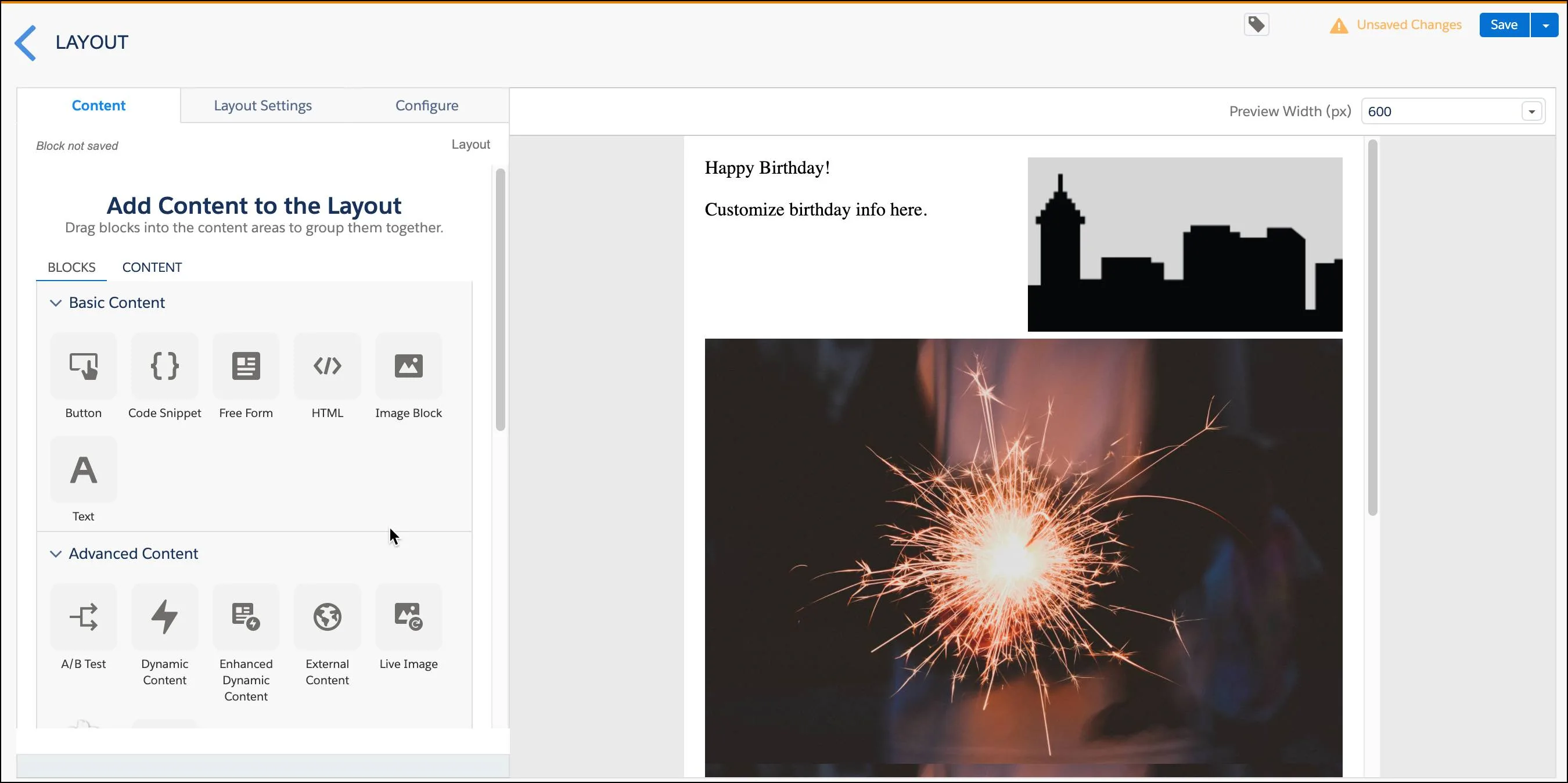 A layout for a birthday email.