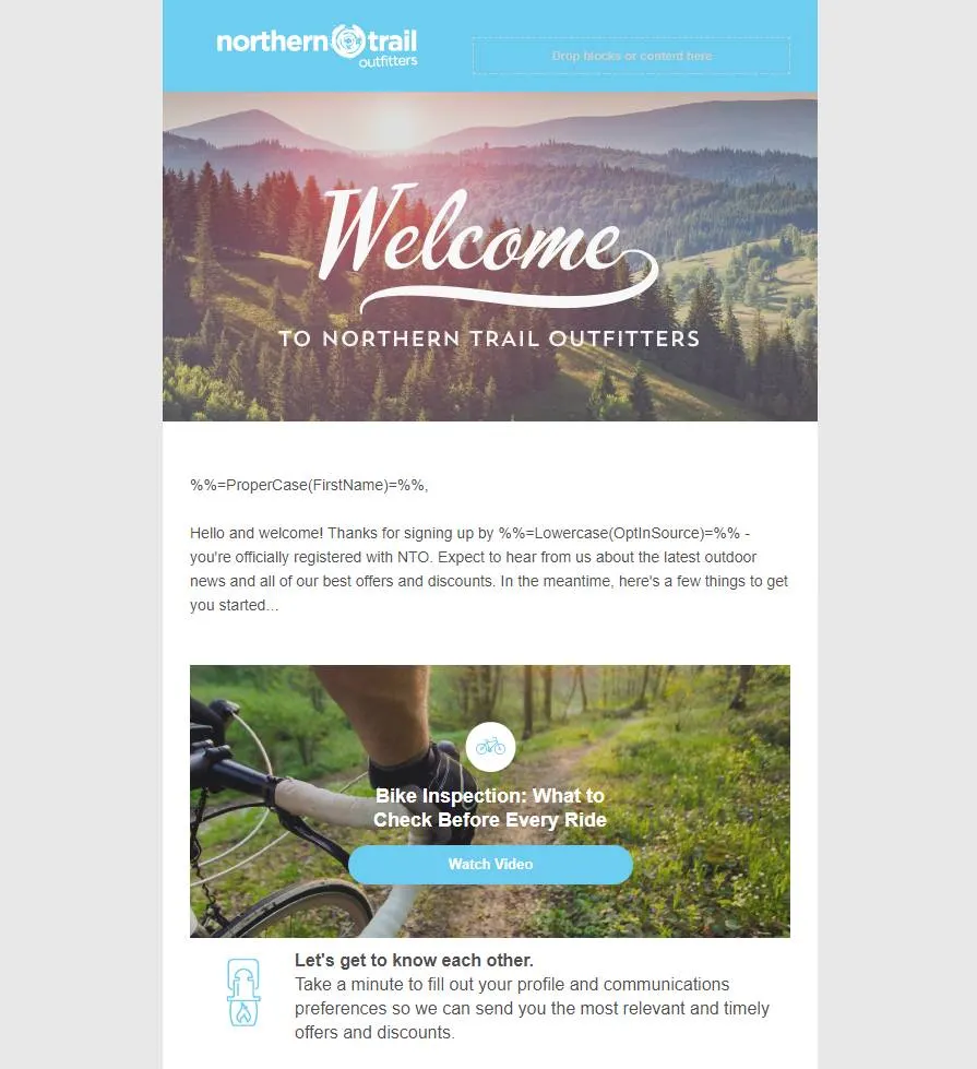 La plantilla para Northern Trail Outfitters creada en Content Builder.