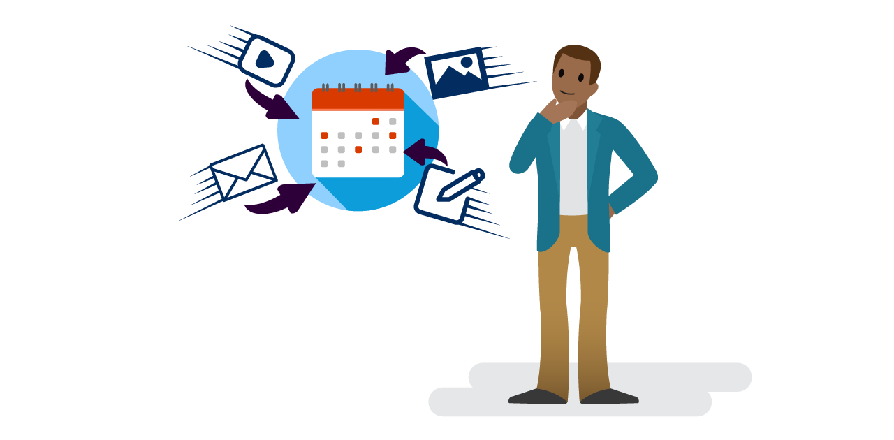 A person considers various marketing channels for the content they include in their content calendar.