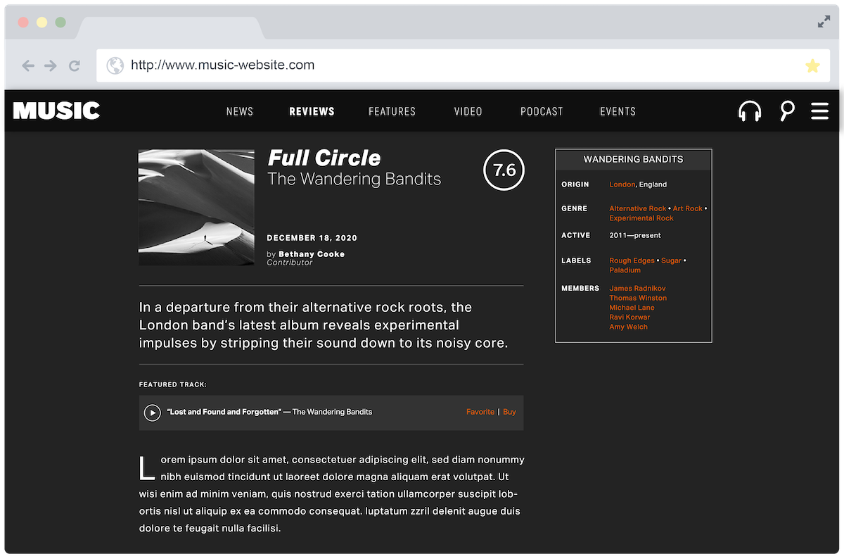 An album review on the music website with a sidebar of related information