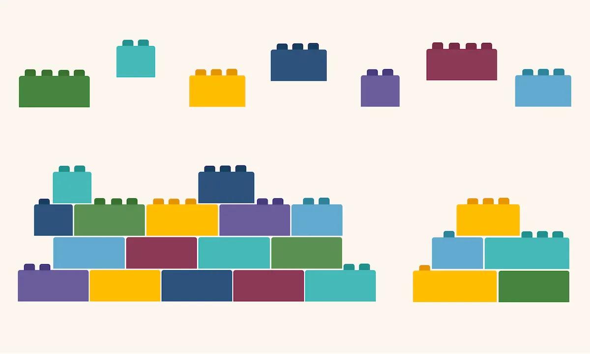 A colorful set of building bricks arranged into different structures