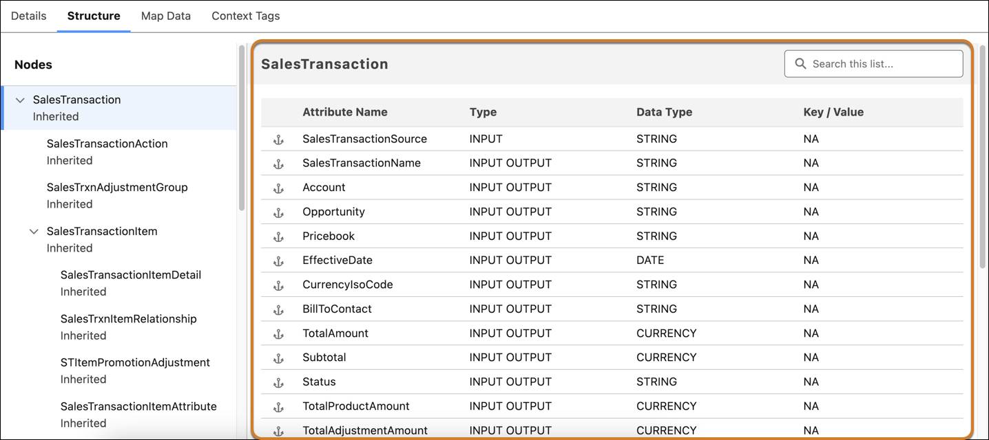 SalesTransactionInherited ノードに関連付けられている属性のリストが示されている [Structure (構造)] タブ。