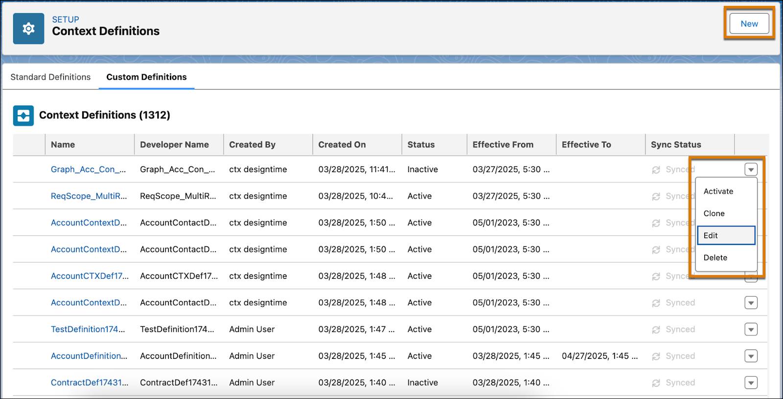 [New (新規)] ボタンと追加アクションを含むカスタムコンテキスト定義のリスト。