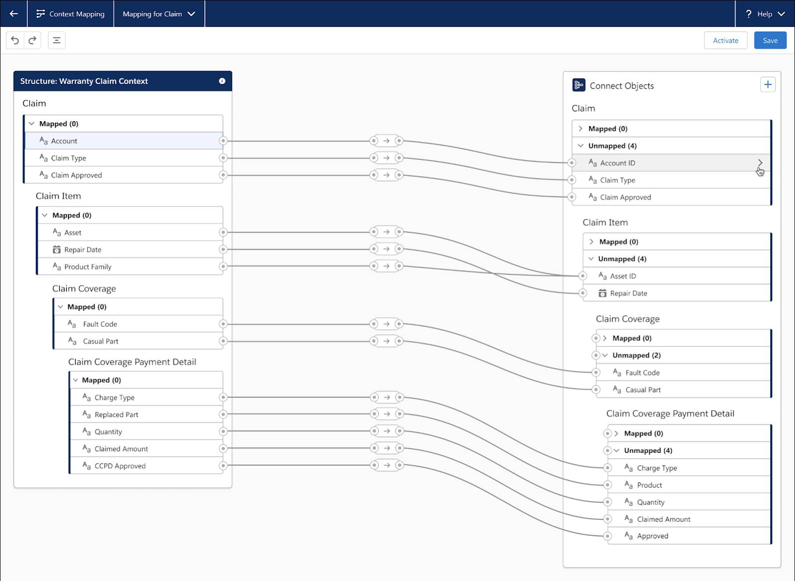 ノードとオブジェクト、および属性と項目との間の対応付けが示されている [Context Mapping (コンテキストの対応付け)] ページ。