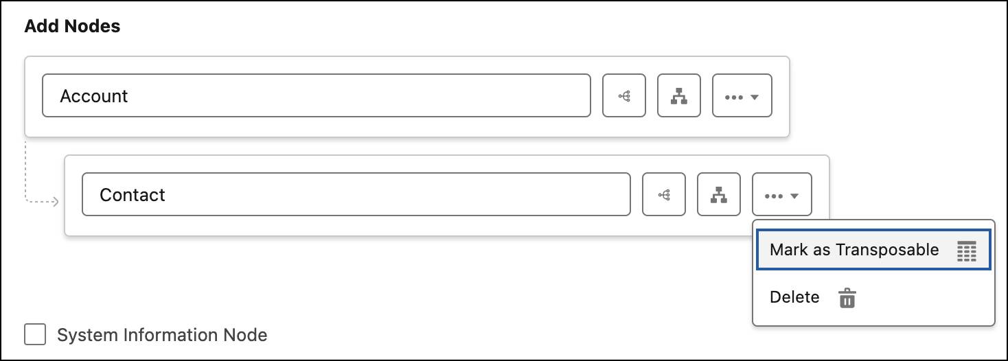 取引先責任者ノードに [Mark as Transposable (行列置換可能としてマーク)] オプションが示されている [Add Nodes (ノードを追加)] ページ。