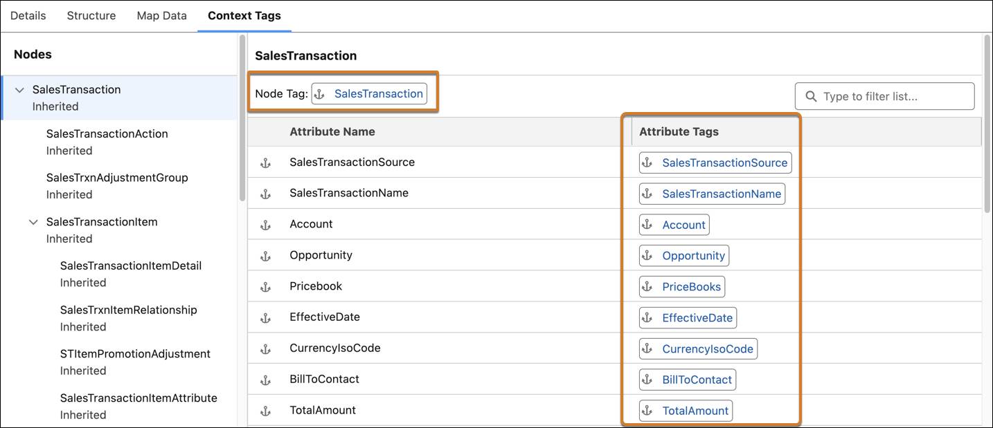 SalesTransactionInherited ノードの各ノードと属性、その関連付けられたコンテキストタグが示されている [Context Tags (コンテキストタグ)] タブ。