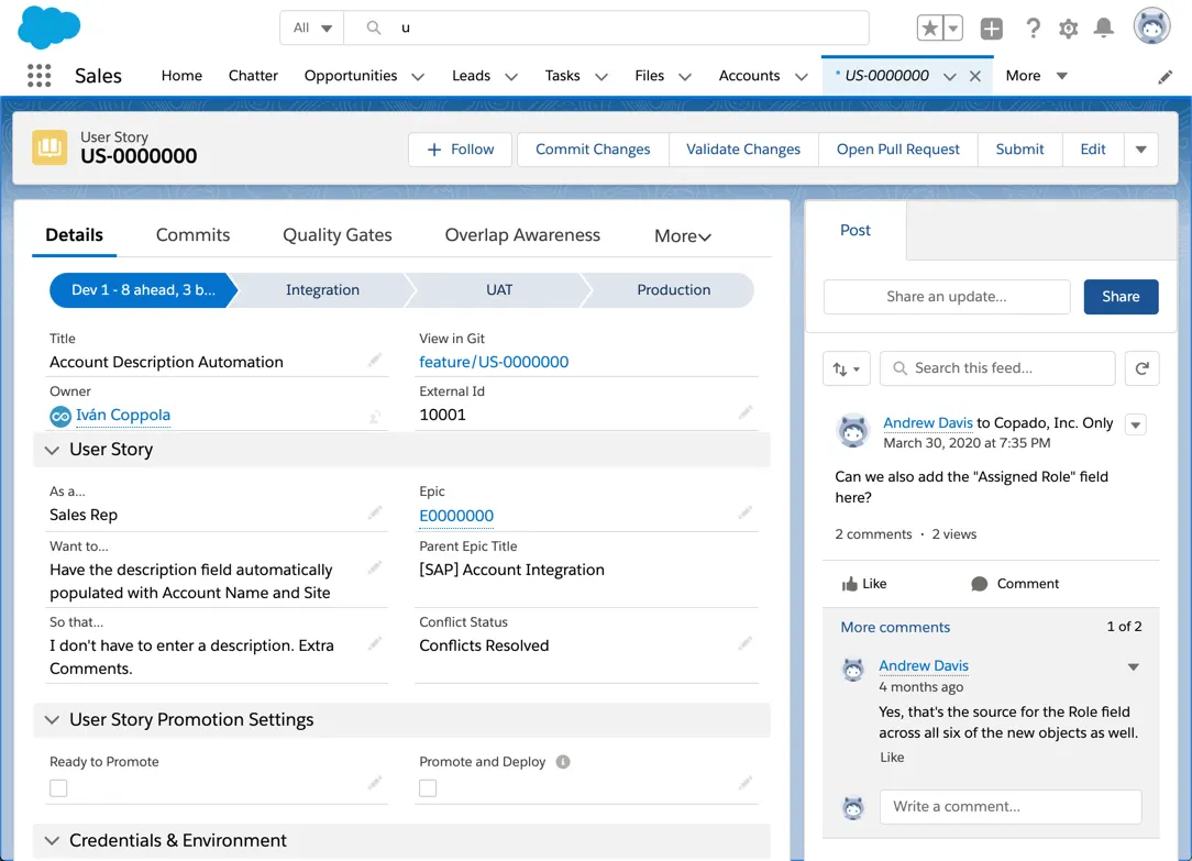 Copado user story with user feedback in the record feed