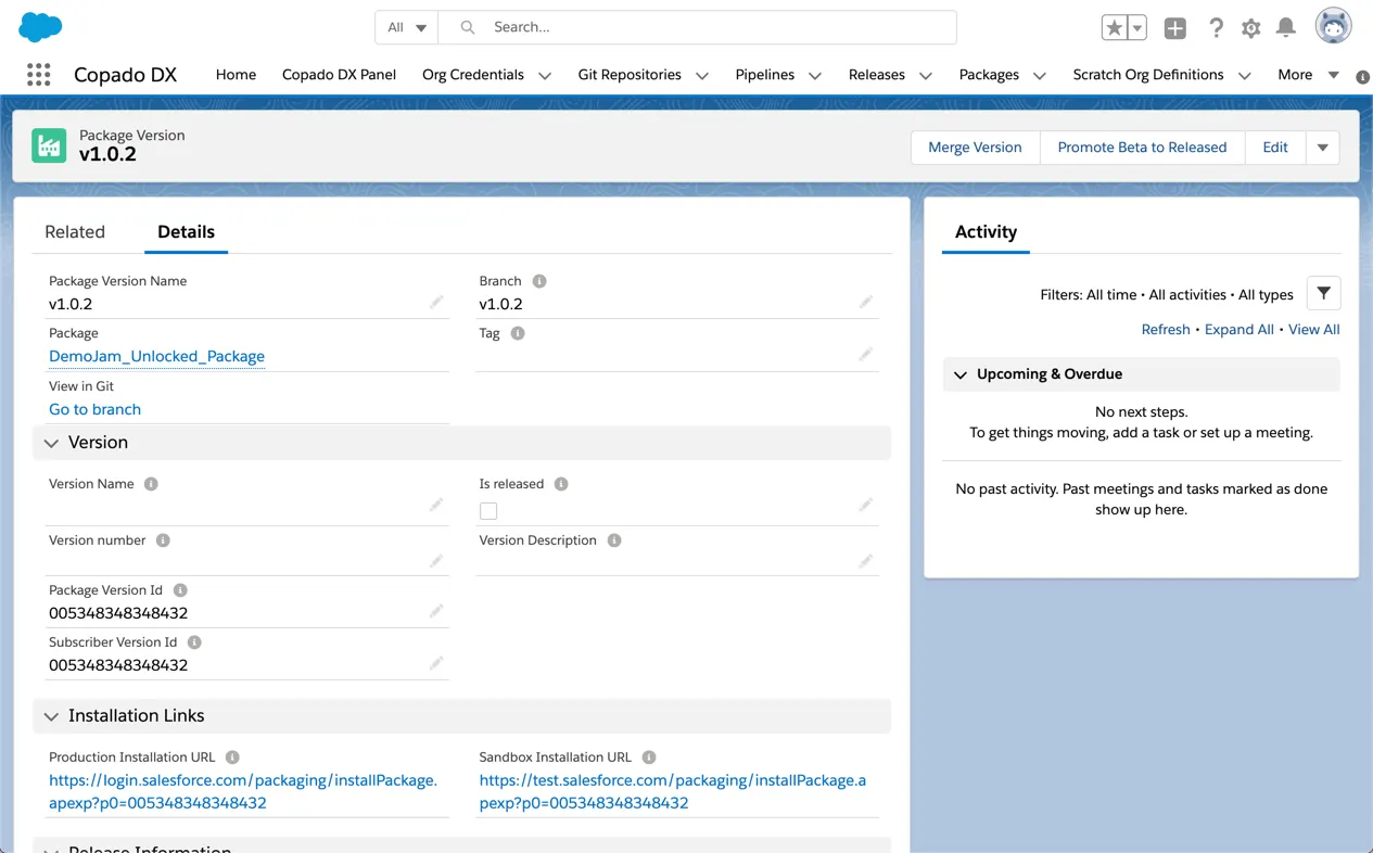 Managing an unlocked package version in Copado