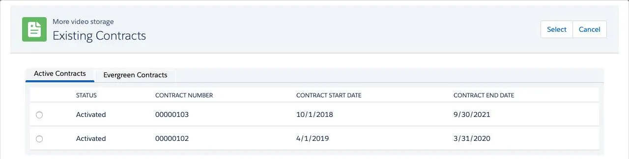 Existing Contracts page