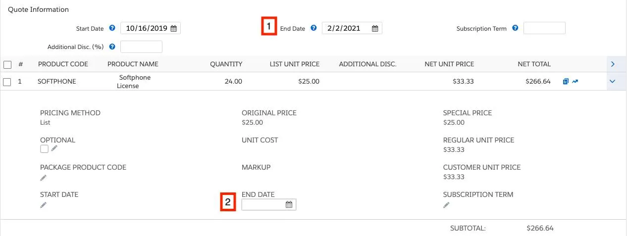 Quote line editor showing quote-level and line-level date fields