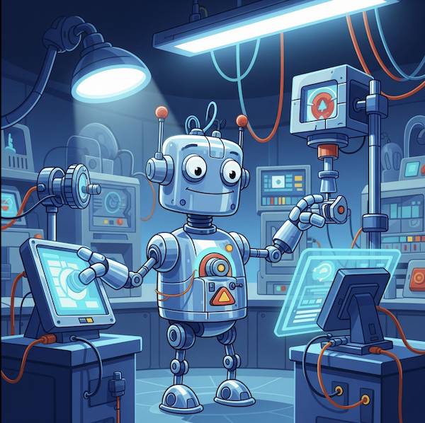 A robot in a lab testing computer equipment.