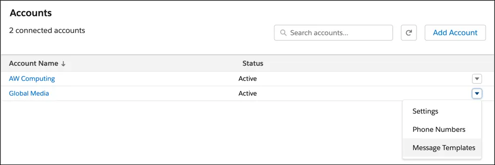 In the WhatsApp app, in the dropdown for an active WhatsApp Business Account, the Message option is highlighted.