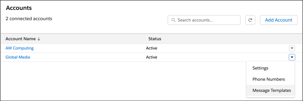 In the WhatsApp app, in the dropdown for an active WhatsApp Business Account, the Message option is highlighted.