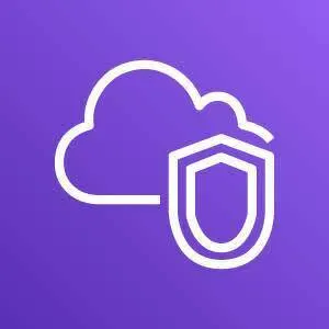 Amazon Virtual Private Cloud icon depicting a cloud and shield against a purple background